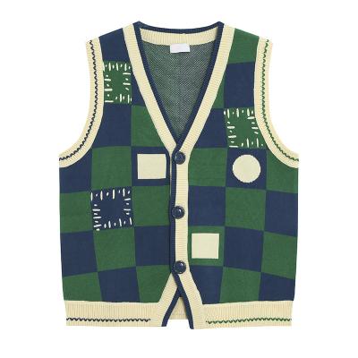 China Lady Breathable Knit Waistcoat Vintage Knit Vest With Checkerboard Design Spring V-Neck Sweater Vest for sale