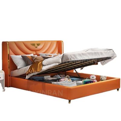 China Modern Luxury Bedroom Furniture Storage Solid Wood Large Genuine Leather Bed for sale