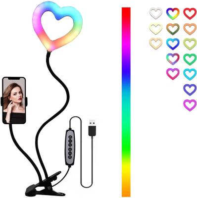 China Selfie/Make Up/Live Broadcast 6 Inch Heart Shape Led RGB Clip Light Beauty Makeup Selfie Ring Light With Phone Holder For Youtube And Live Streaming for sale