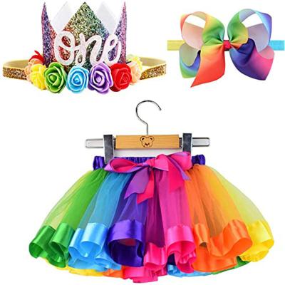 China Anti-wrinkle Newborn Babies 1st Birthday Photography Equipment Set Rainbow Layered Tutu Skirt with Hairbow and Crown Headband for sale