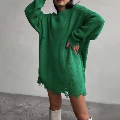 China Anti-Wrinkle Winter Green Black Long Sleeve O Neck Hollow Out Casual Knitting Women Mini Sweater Dress for sale