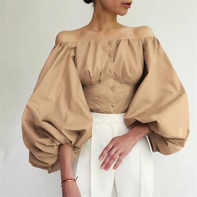 China Anti-wrinkle Fashion Lantern Sleeve Slash Neck Khaki White Black Shoulder Tops Elegant Women Blouse Shirt for sale