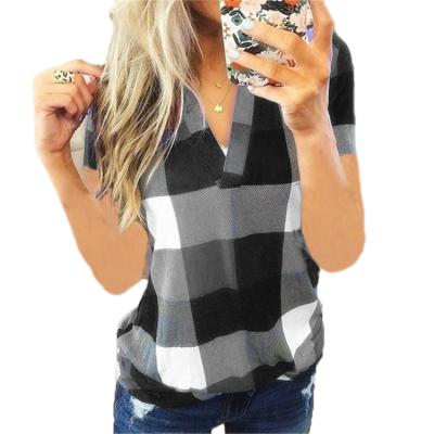 China 2020 Breathable Women Tops V Neck Short Sleeve Plaid Print 5XL Plus Size Shirts For Summer for sale