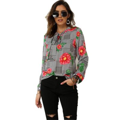 China Breathable Casual Loose Tie Neck Floral Print Blouses Women Long Sleeve Shirts Womens Tops for sale