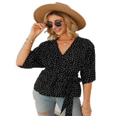 China Breathable Polka Dot Shirt Blouses 2020 New Fashion Ladies Diary Ladies and Tops Women's Blouses With Belt for sale