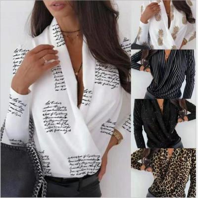 China 2020 Women's Blouse V-Neck Pineapple Letter Print Women's Long Sleeve Breathable Shirt for sale