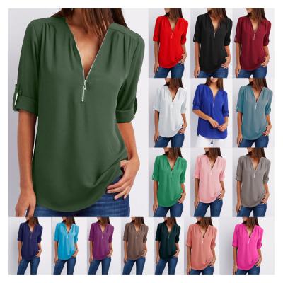 China Breathable Women Main 17 Colors Plus Size V-Neckline Long Sleeve Chiffon Long Sleeve Chiffon Elegant Lady Shirt Blouse For Women for sale