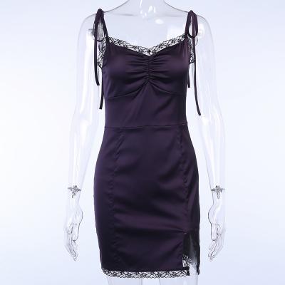 China Antibacterial Sexy Spaghetti Strap Bodycon Dress Gothic Black Women Streetwear Black Lace Up Mini Dress Female Casual Dress Purple for sale