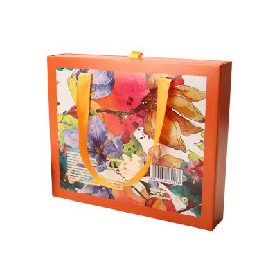 China Handmade Custom Orange Paper Style Cardboard Christmas Candy Chocolate Chocolate Gift Packaging Box Drawer Foldable With Handles for sale