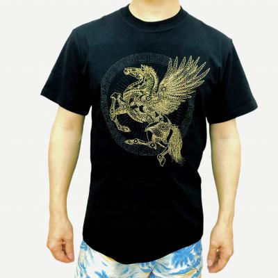 China Anti-Wrinkle Plus Size Custom Mens Short Sleeve T-Shirt Horse Gold Rhinestone Print Knitted Graphic Pattern In Black for sale