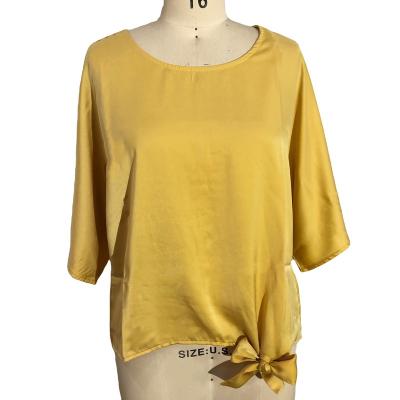 China 2023 Plus Size Women's Plus Size Solid Color Yellow O-neck Sexy Woven Blouses Causal Shirts With Bow for sale