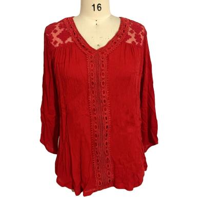 China Custom Embroidery Summer Women's Anti-pilling Blouses Shirts With Lace Decoration Comfortable Tops For Ladies Red Color for sale