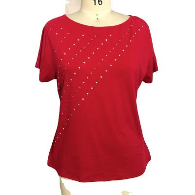 China Custom Women's Summer Tee Rhinestone Compressed Printing Women's T-shirt High Quality Knitted Plain Shorts Sleeve Red Color for sale