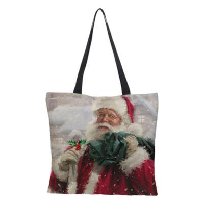 China Eco-friendly Custom Printing Linen Christmas Promotion Tote Bag Santa Claus Print Canvas Grocery Bag for sale