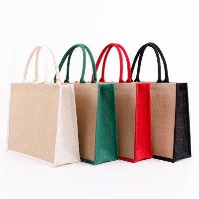 China Customized Reusable Jute Tote Bag Color Stitching Blank Logo Jute Shopping Bag Eco Friendly Advertising Gift for sale