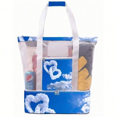 China Portable Amazon Outdoor Digital Printing Mash Tote Beach Bag Zipper Cooler Compartment Beach Net Bag for sale