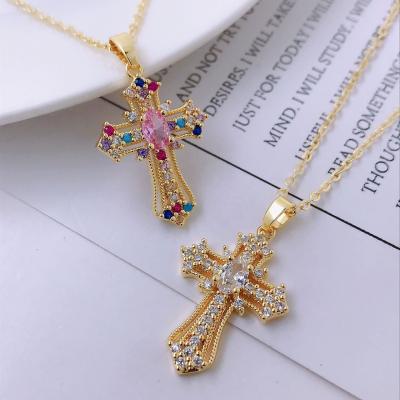 China TRENDY Christian Religion Cross Pendant 18K Gold Plated Stainless Steel Chain Colorful CZ Micro Pave Jesus Necklace for sale