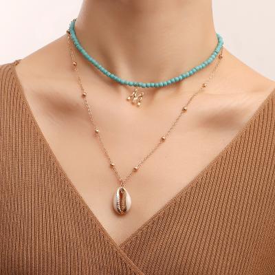 China Europe and America Beauty Pendant Necklace Shell Pendant Turquoise Seed Beads Women's Multi-layer Sweater Chain Wholesale for sale