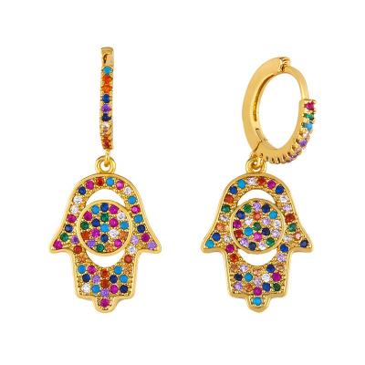 China Fatima Palm Hamsa Hand Earrings Rainbow Zircon Turkish Devil 18K Gold Plated Elegant Romantic Romantic Eyes Circle Earrings for sale