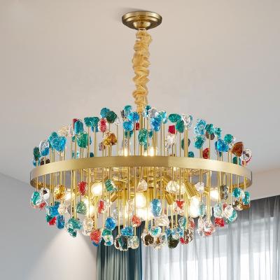 China Living Room Postmodern Decorative Gold Hanging Light Fixture Red Green Colorful Crystal Stone Chandelier for sale