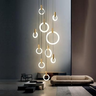 China Modern Staircase Led Hanging Aluminum Lamp Ceiling Lights Ring Pendant Light Wood Chandelier for sale