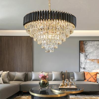 China Post Modern Modern Home Dining Island Led Lighting Black Chandelier Pendant Modern Large Iron K9 Crystal Round for sale