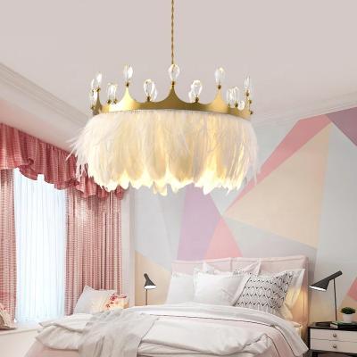 China Post-modern Romantic Princess Girl's Bedroom Decoration Children's Pendant Light Lamp Blush Pink White Crown Feather Chandelier for sale