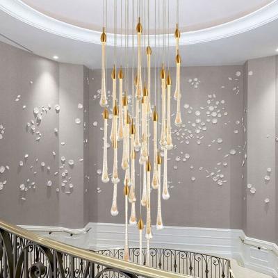 China Modern Staircase Crystal Glass Water Drop Pendant Light Leaded Crystal Raindrop Chandelier For Long Villa Lobby for sale