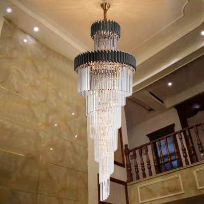 China Modern Home Decor European Long Hanging Villa Light Fixture Lamp Stair Case Black Crystal Chandelier for sale