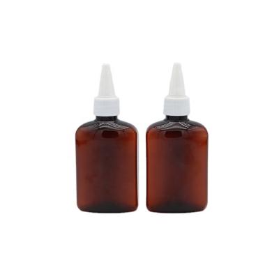 China 100ml Shoulder Shape Hair Cosmetic Oil Flat Squeeze Plastic Bottle With Twist Top Cap for sale