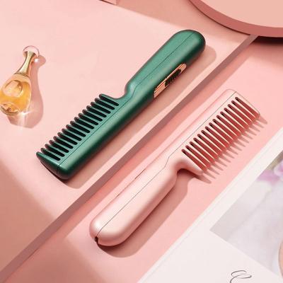 China Outdoor Electric Cordless Hair Straightener and Curling 2 in 1 Comb Mini Usb Charging Hot Straightening Dry Brush for sale