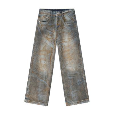 China Breathable High Quality Straight leg Men Jeans Street Wear Vintage wash Dirty Mud Paint Splatters Denim Jeans Trousers for men for sale