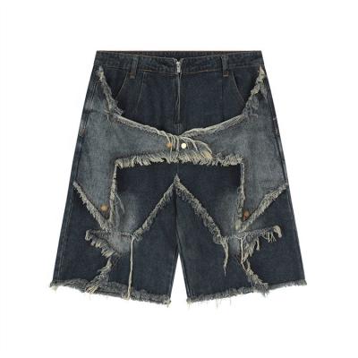 China Breathable 2024 Custom Men Shorts Mid Waist Patchwork Straight Leg Frayed Hem Vintage Distressed Denim Patches Stars Patch Jeans Shorts for sale