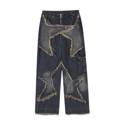 China Breathable Heavy Weight Men's Jean Straight Baggy Patchwork Denim Patches Frays Patch Underneath Loose Jeans High Street Wears for sale