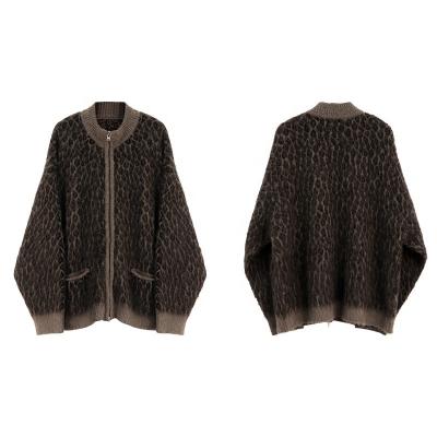 China Breathable New Fashion High End Women Leopard Knitted Cardigan Zip Up Oversize Luxury Mohair Cardigan Jacket For Women for sale