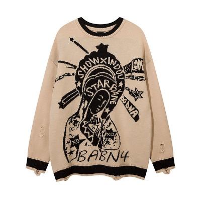 China Breathable Women Oversize Sweatshirt Custom Casual Wear Fashion Knitted Jacquard Sweater Top Loose Distressed Design Sweatshirts For Lady for sale