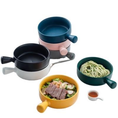 China Ceramic Household Oven Baking Bowl With Handle Viable Hot Sale Nordic Tableware Handle Bowl for sale