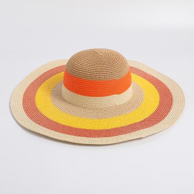 China Women's Striped Embroidered Logo Wide Brim Beach Straw Sun Summer Hats Women for sale