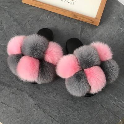 China Fashion Trend Summer Women Fashion Green Pink Mixed-color Fox Fur Slides For Home for sale