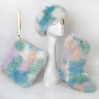 China Wholesale Colorful Plush Deodorization Fashion Soft Winter Headband Women Keep Warm Faux Fur Boots Faux Fur Handbag Sets Sets for sale