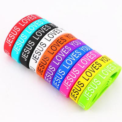 China Eco-friendly/Sustainable/Custom Printed 16 Style Free Choosing Wristbands Custom Jesus Cross Peace Butterfly Love Heart Cuff Silicone Rubber Bracelets For Man Women for sale