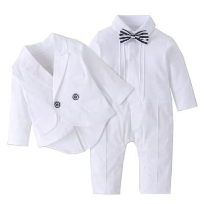 China Autumn White Tuxedo Coat Bowtie Breathable Cotton Rompers First Birthday Clothes Set For Baby Boy Full Plaid Sweater Clothing Places Formal for sale