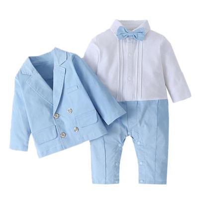 China Breathable Spring Autumn Toddler Newborn Romper Clothes Blue Sets Coat + Jumpsuit Baby Infant Outfit for sale