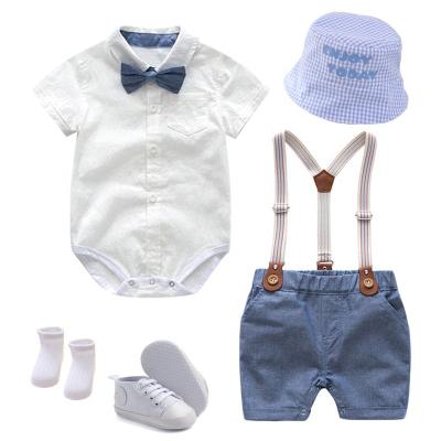 China Sky blue patchwork romper formal short soft suit with hat shoes for baby boy clothes for sale