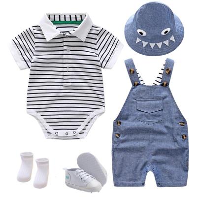 China Formal High Quality Cotton Stripe Newborn Romper+Bib Pants+Hat+Shoes+Socks Dressing Suit For Baby Boy Outfit Set for sale