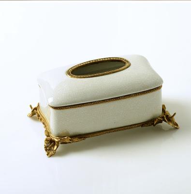 China 2021 newest designs handmade fashion antique luxury brass ceramic tissue box holder for home office clubhouse hotel table decorations for sale