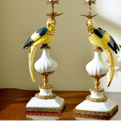 China Wide Range 2021 Retro Designs Antique Brass Porcelain Candle Holder Sets Of 2 With Colorful Birds Desk Table Decorations for sale