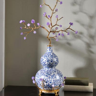 China Art Decor Creative Designs Amethyst Gourd Brass Accessories with Natural Gem Tree Branch Shape for Desktop Decorations for sale