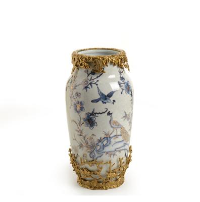 China Ware Brass Ceramic Flower Vase Ceramic Creative Vase Designs With Birds Drawing For Home Office Hotel Tableware Decorations for sale