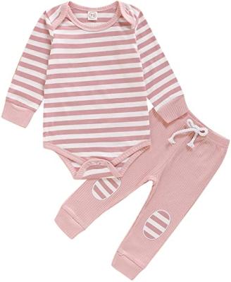 China Anti Shrink Newborn Babies Outfits Long Sleeve Striped Romper Top Knitted Pants 2 Piece Clothing Sets for sale